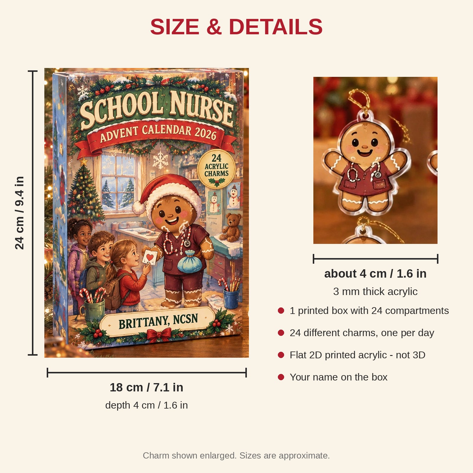 Personalized School Nurse Gingerbread advent calendar box with 24 flat acrylic Christmas charms: box and charm sizes