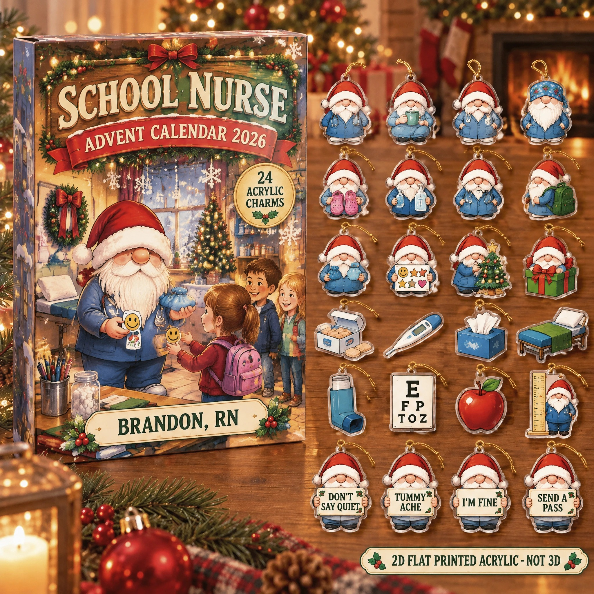 Personalized School Nurse Gnome advent calendar box with 24 flat acrylic Christmas charms