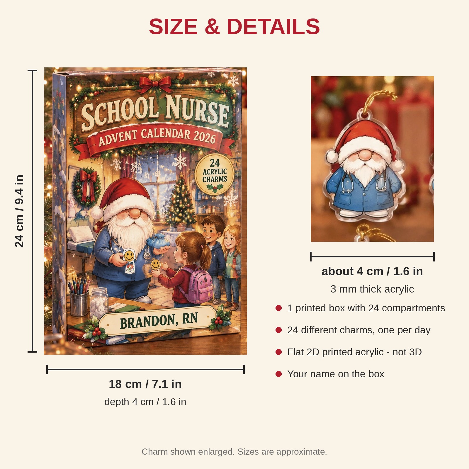 Personalized School Nurse Gnome advent calendar box with 24 flat acrylic Christmas charms: box and charm sizes