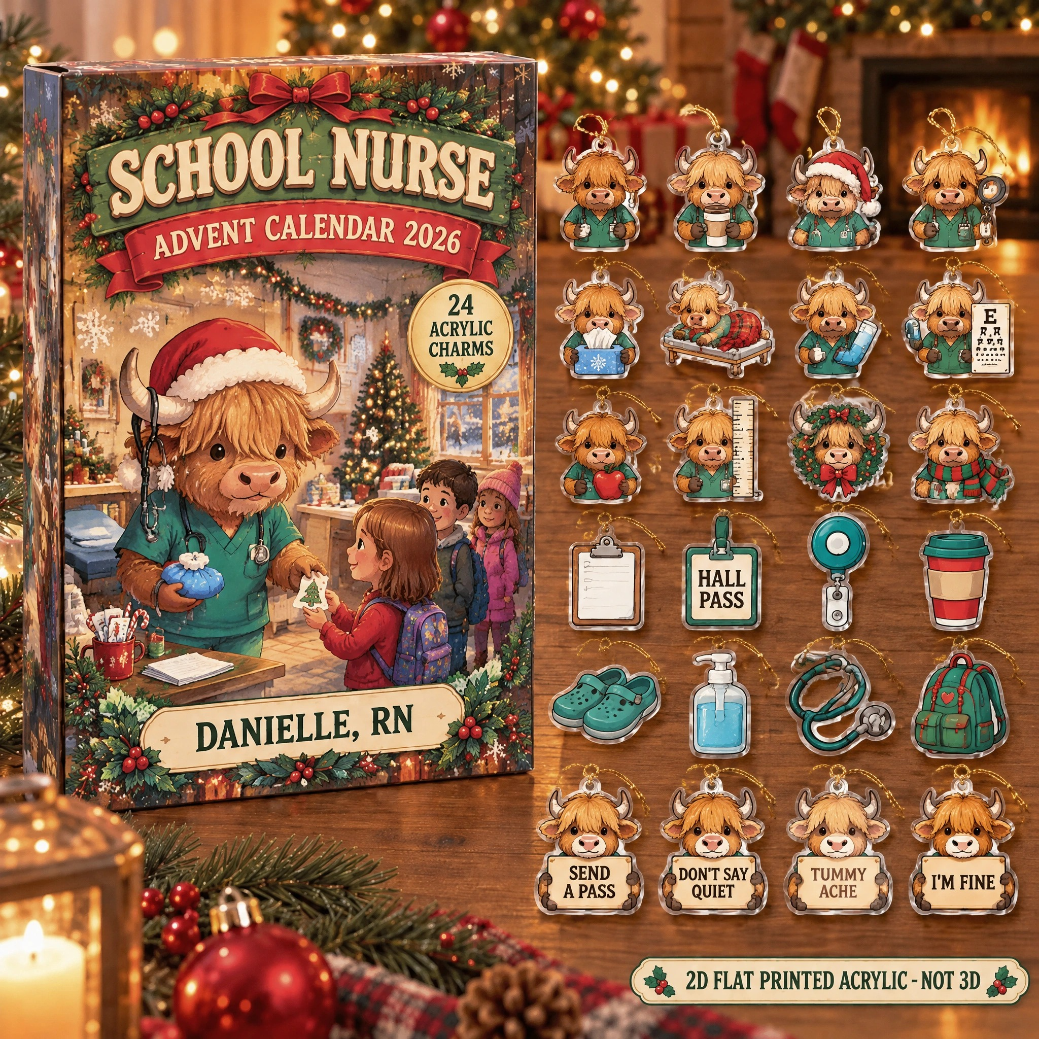 Personalized School Nurse Highland Cow advent calendar box with 24 flat acrylic Christmas charms