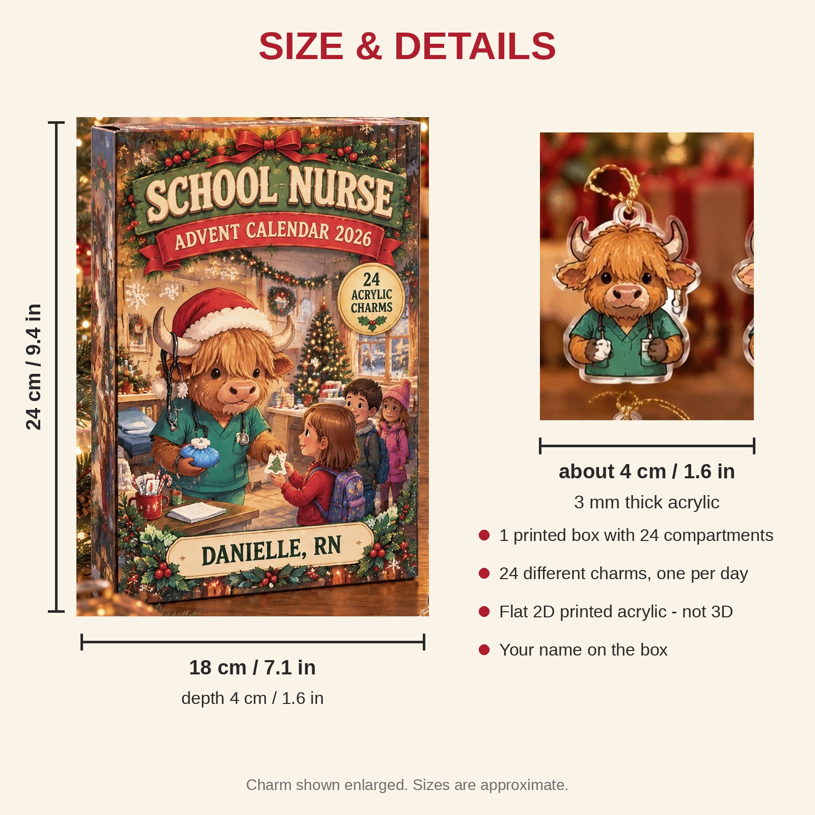 Personalized School Nurse Highland Cow advent calendar box with 24 flat acrylic Christmas charms: box and charm sizes
