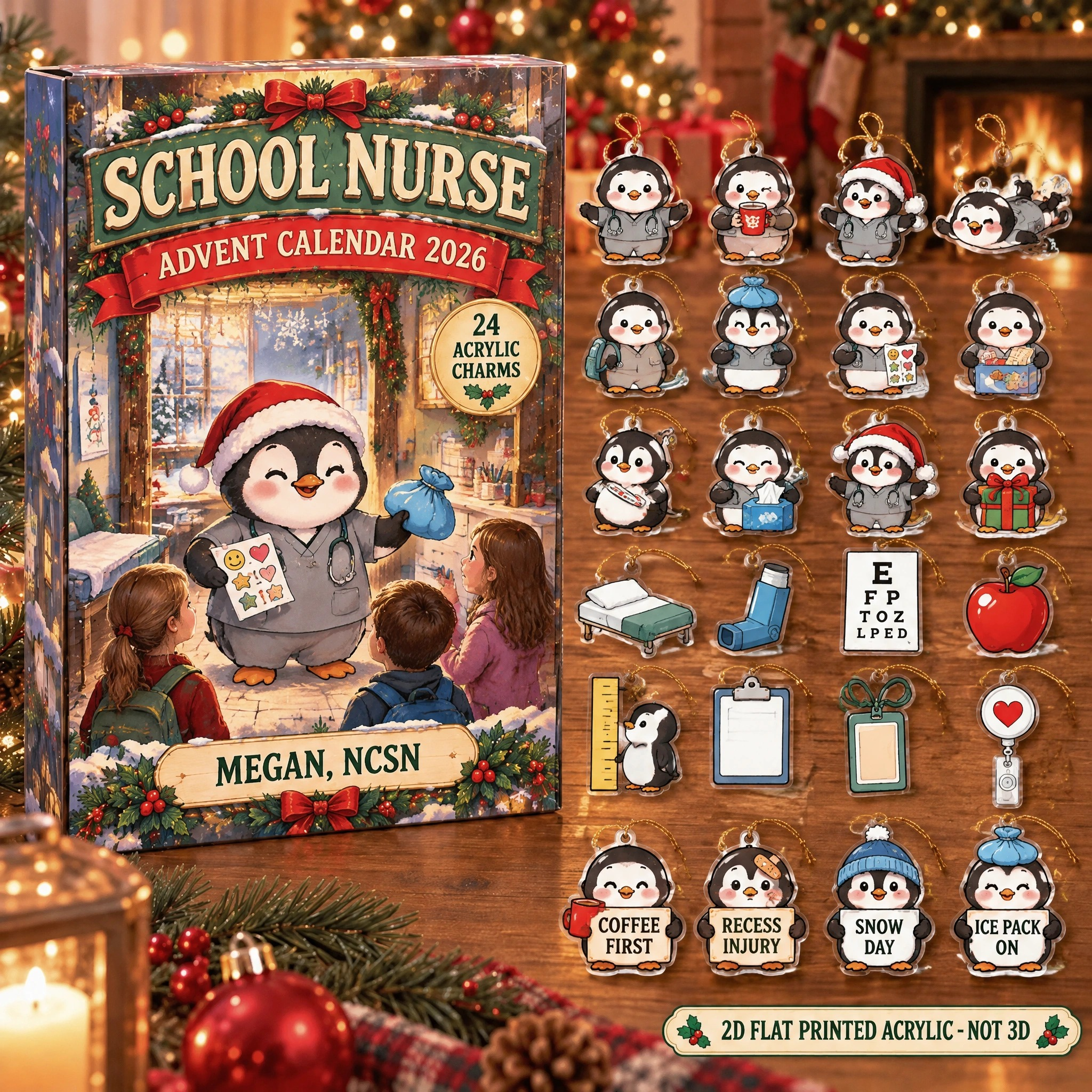 Personalized School Nurse Penguin advent calendar box with 24 flat acrylic Christmas charms