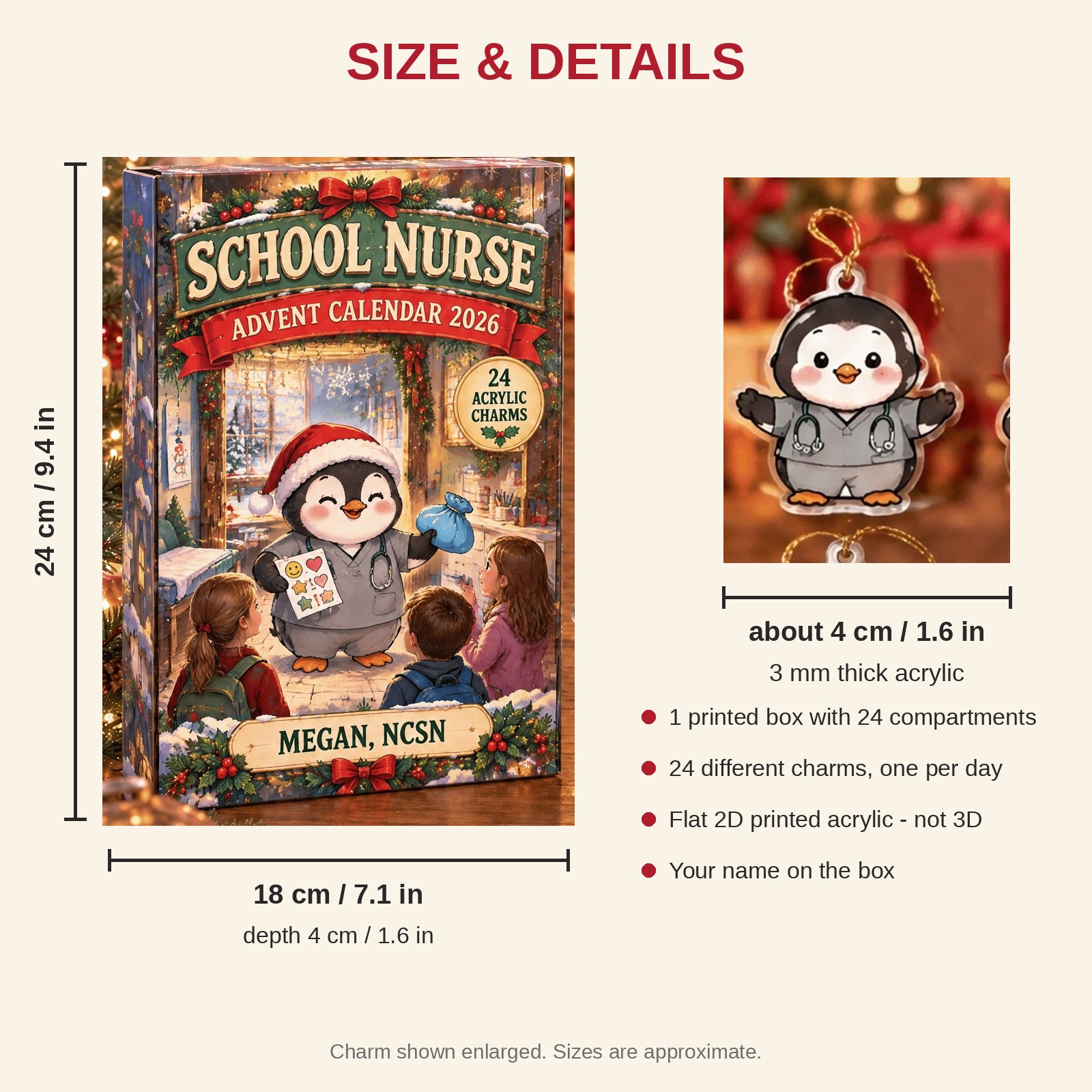 Personalized School Nurse Penguin advent calendar box with 24 flat acrylic Christmas charms: box and charm sizes