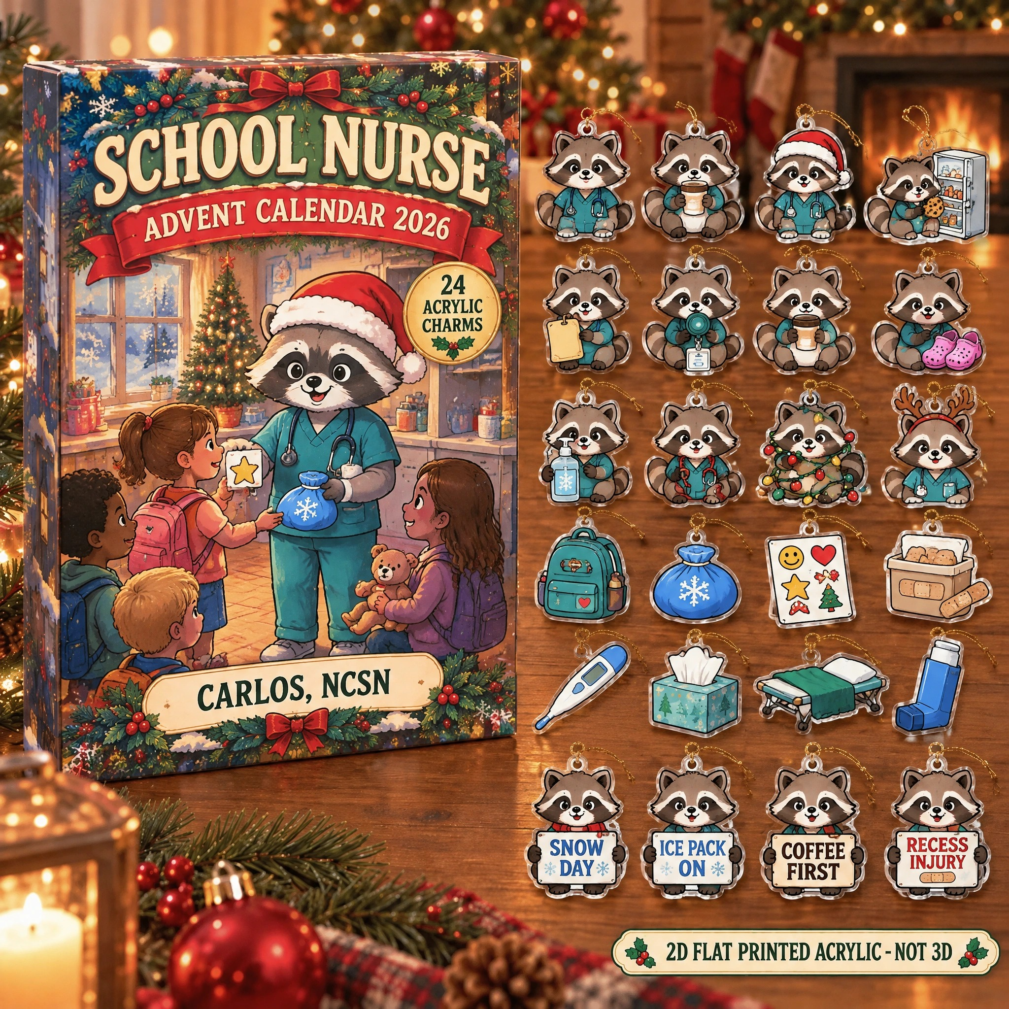 Personalized School Nurse Raccoon advent calendar box with 24 flat acrylic Christmas charms