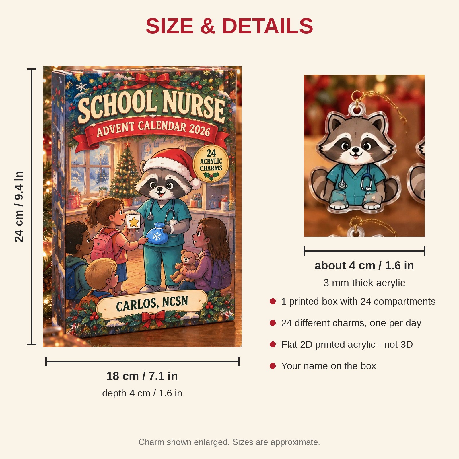 Personalized School Nurse Raccoon advent calendar box with 24 flat acrylic Christmas charms: box and charm sizes