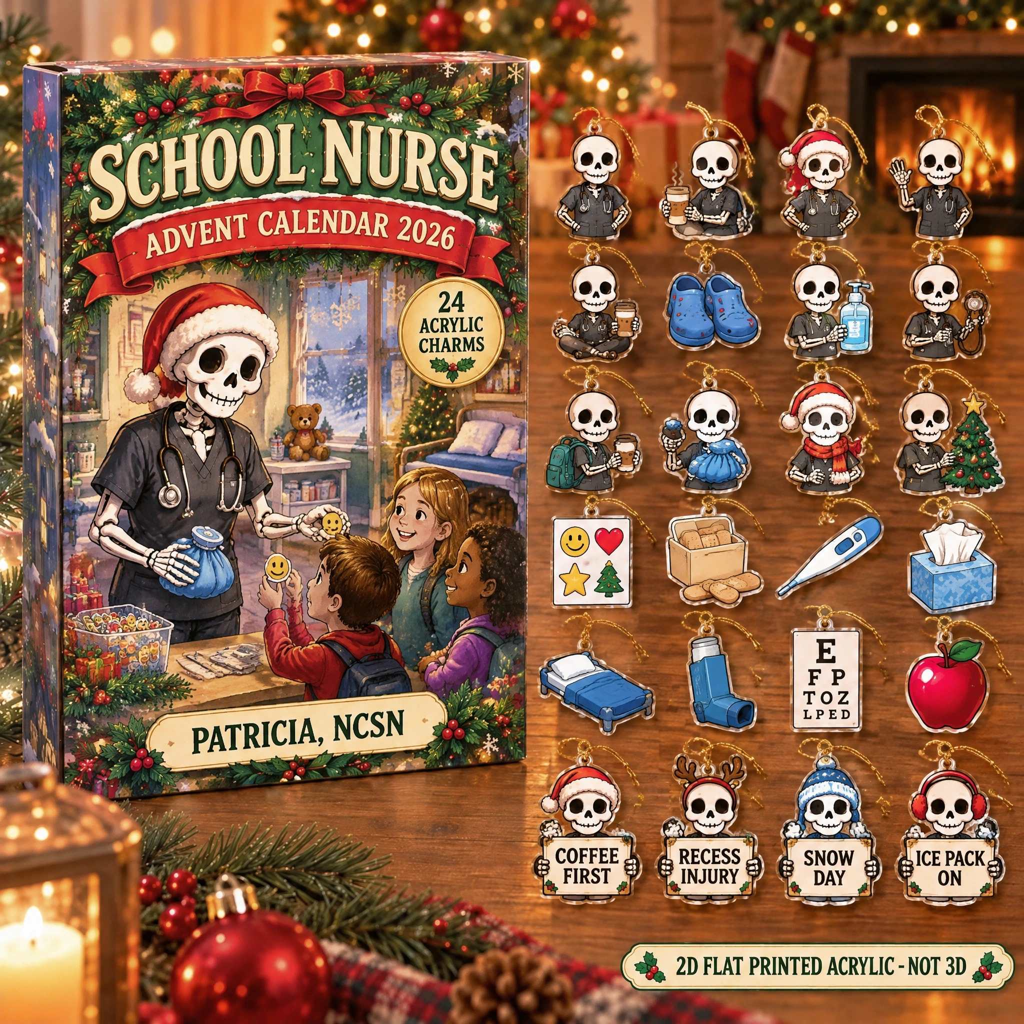 Personalized School Nurse Skeleton advent calendar box with 24 flat acrylic Christmas charms