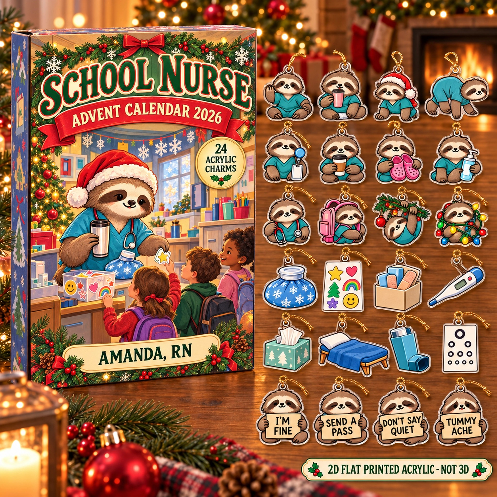 Personalized School Nurse Sloth advent calendar box with 24 flat acrylic Christmas charms