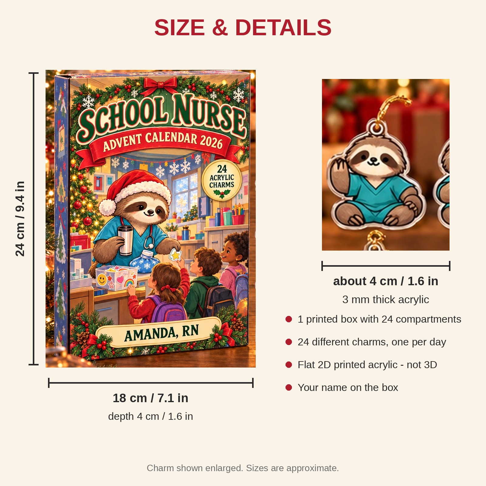Personalized School Nurse Sloth advent calendar box with 24 flat acrylic Christmas charms: box and charm sizes
