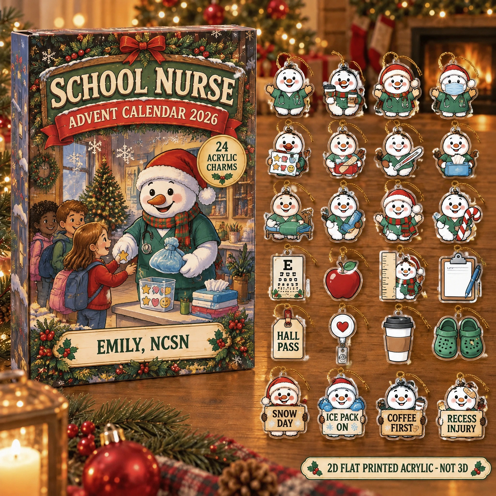Personalized School Nurse Snowman advent calendar box with 24 flat acrylic Christmas charms
