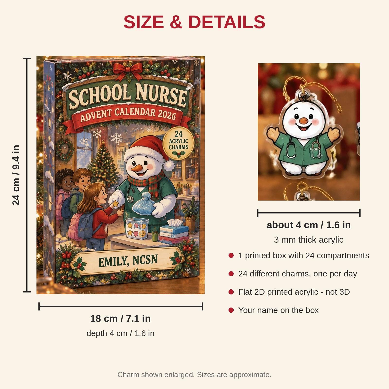 Personalized School Nurse Snowman advent calendar box with 24 flat acrylic Christmas charms: box and charm sizes