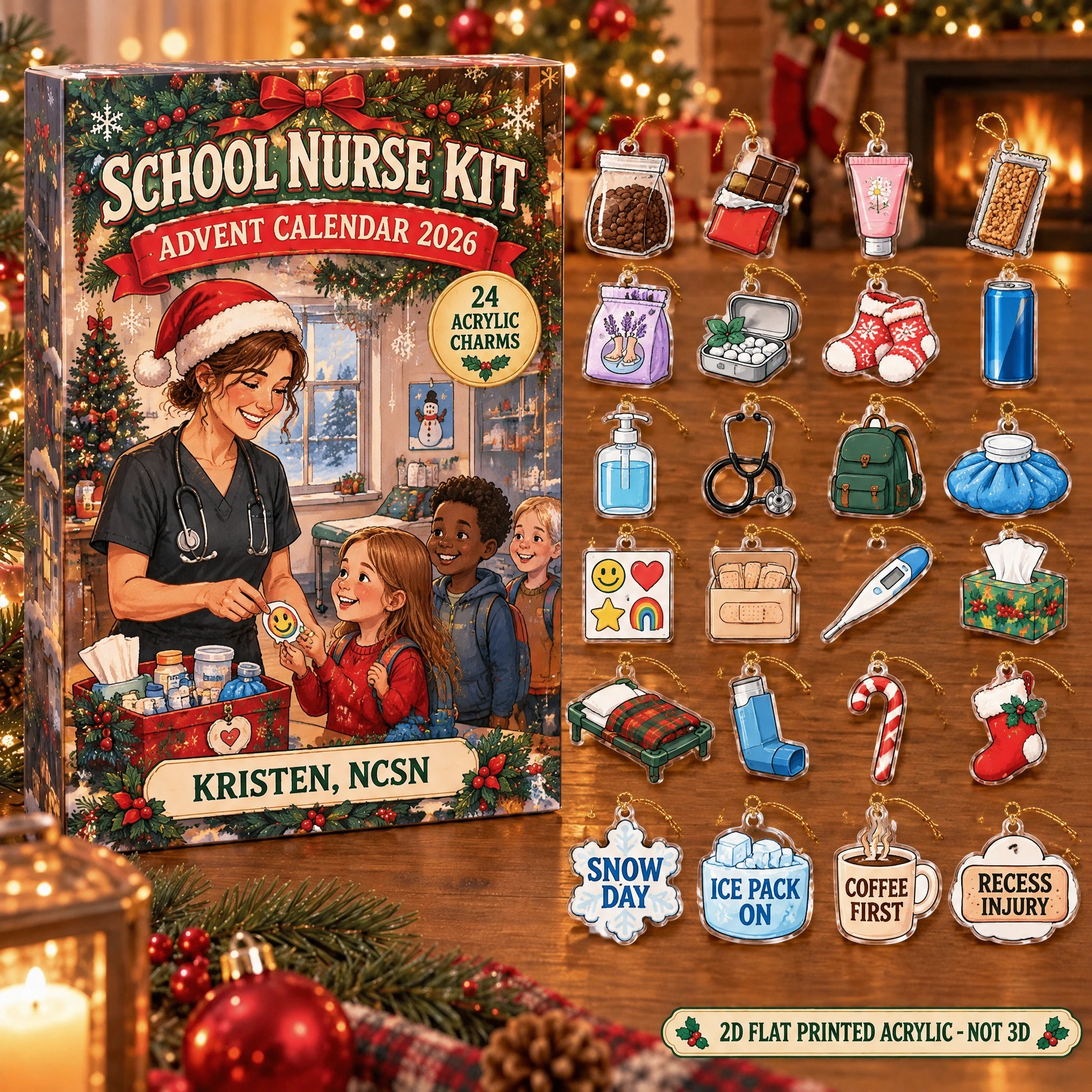 Personalized School Nurse Survival Kit advent calendar box with 24 flat acrylic Christmas charms
