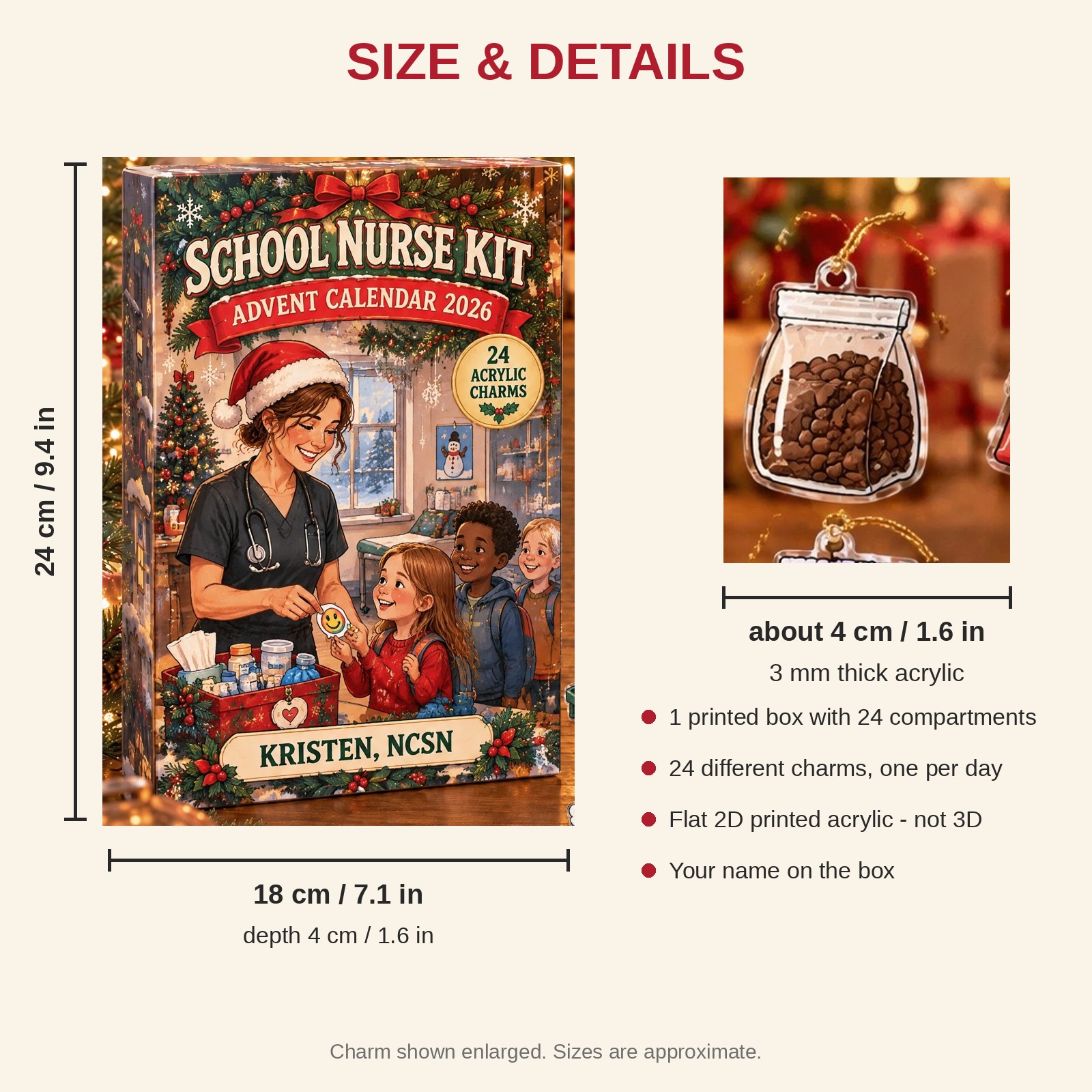 Personalized School Nurse Survival Kit advent calendar box with 24 flat acrylic Christmas charms: box and charm sizes