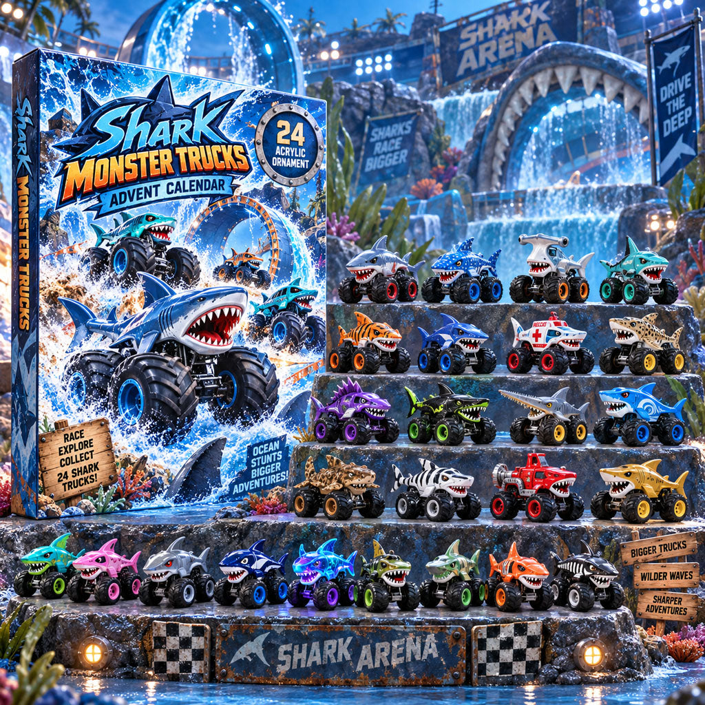 Shark Monster Trucks advent calendar box with 24 acrylic Christmas charms