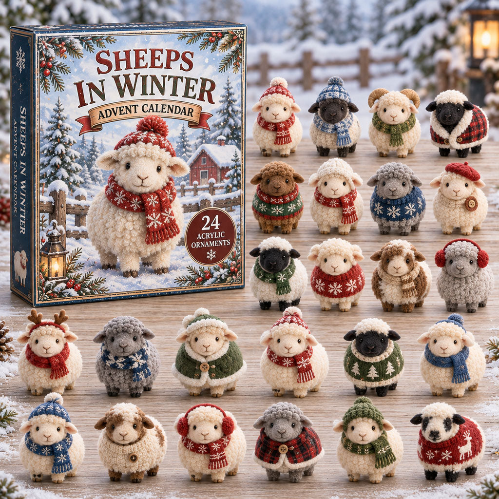 Sheeps in Winter advent calendar box with 24 acrylic Christmas charms