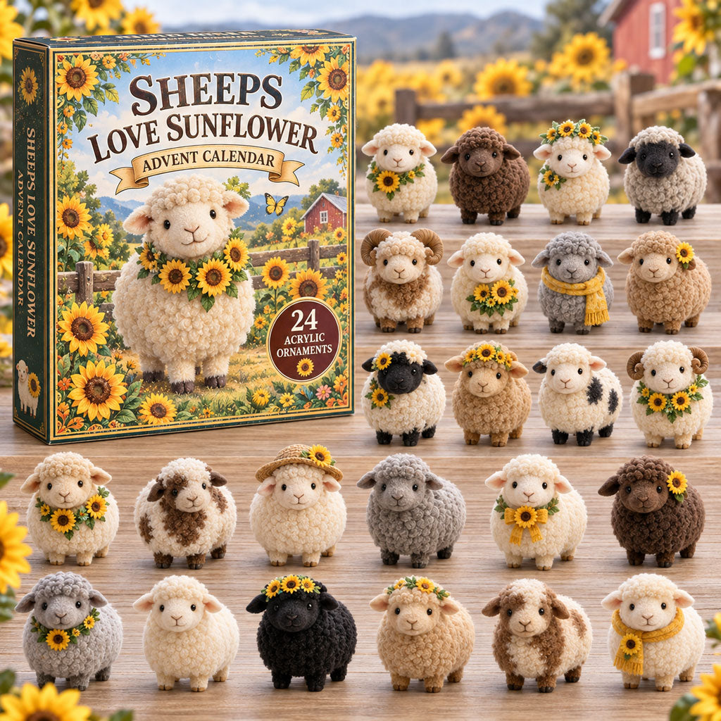 Sheeps Love Sunflowers advent calendar box with 24 acrylic Christmas charms