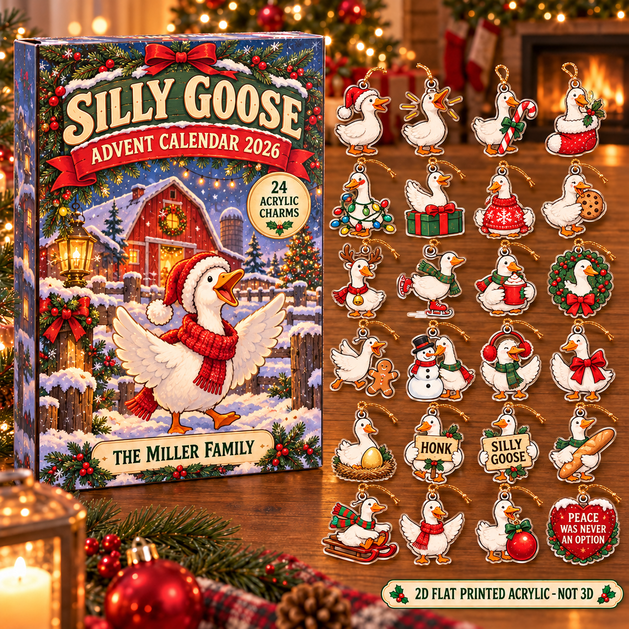 Personalized silly goose advent calendar box with 24 flat acrylic Christmas charms