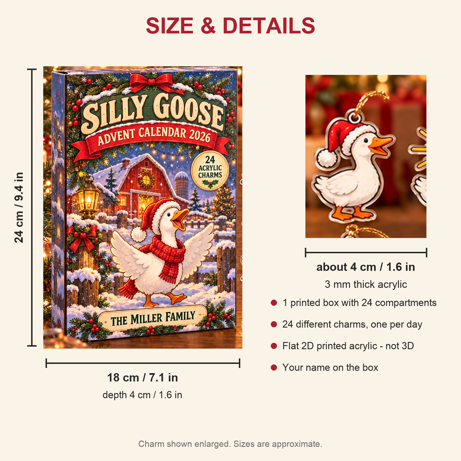 Personalized silly goose advent calendar box with 24 flat acrylic Christmas charms: box and charm sizes