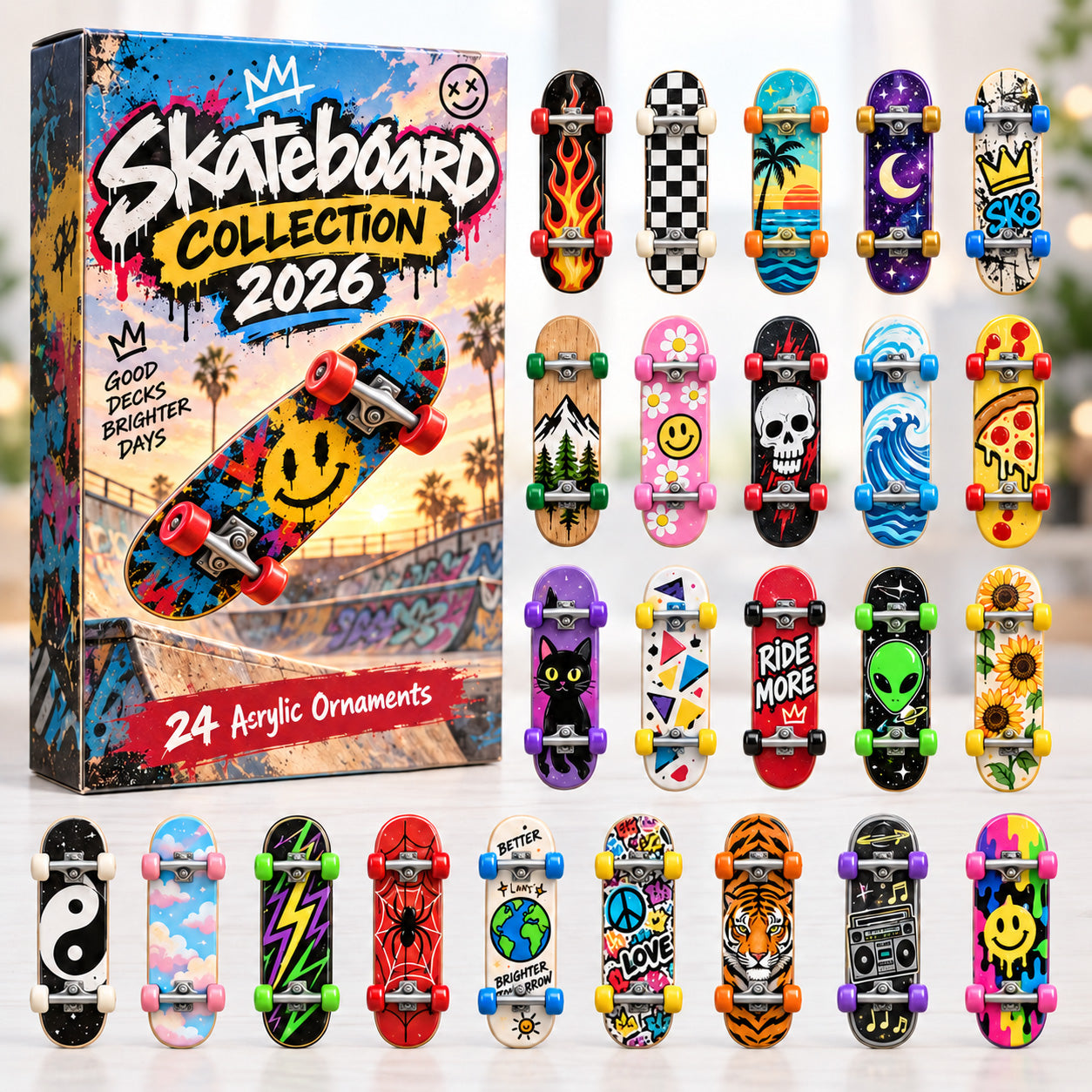 Skateboard advent calendar box with 24 acrylic Christmas charms