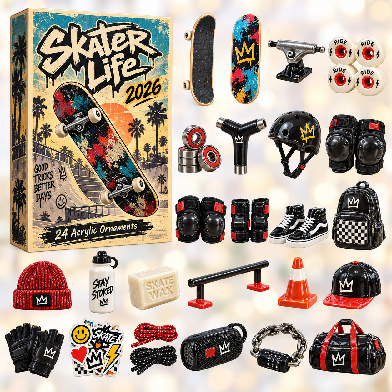 Skater Life advent calendar box with 24 acrylic Christmas charms