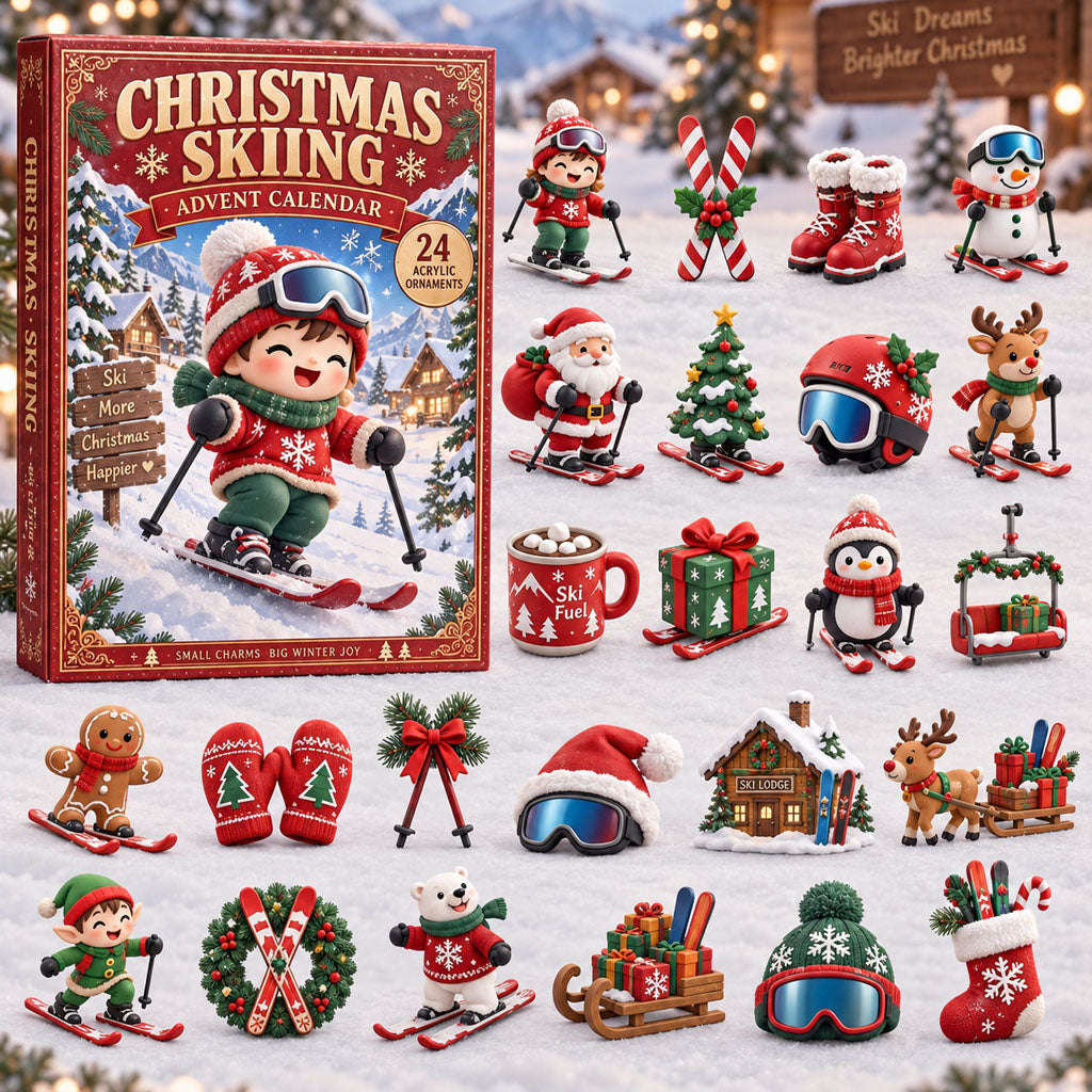 Skiing advent calendar box with 24 acrylic Christmas charms