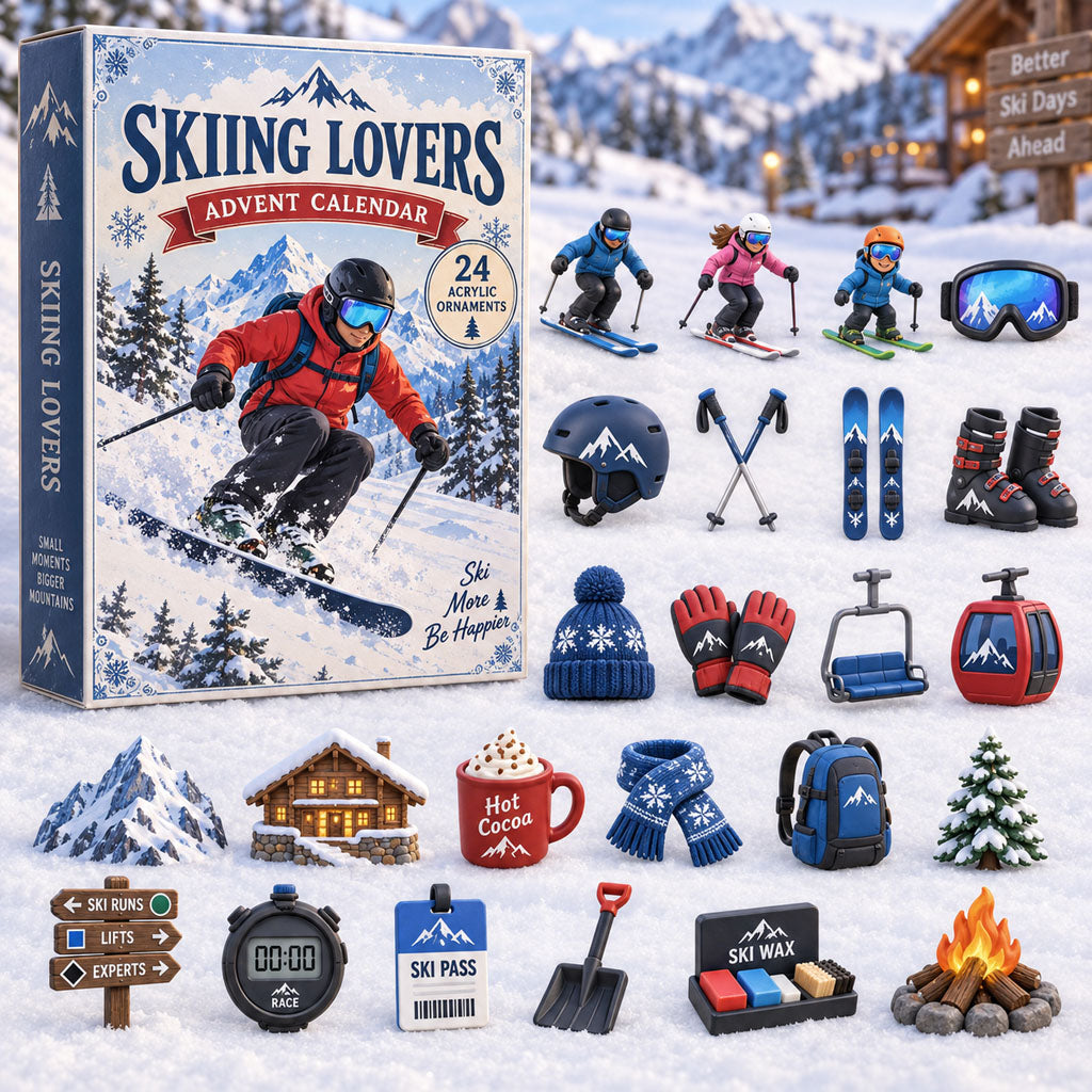 Skiing Lovers advent calendar box with 24 acrylic Christmas charms