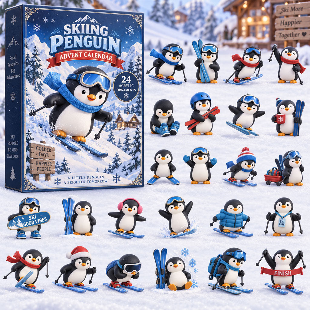 Skiing Penguin advent calendar box with 24 acrylic Christmas charms