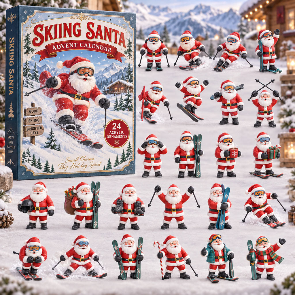 Skiing Santa advent calendar box with 24 acrylic Christmas charms