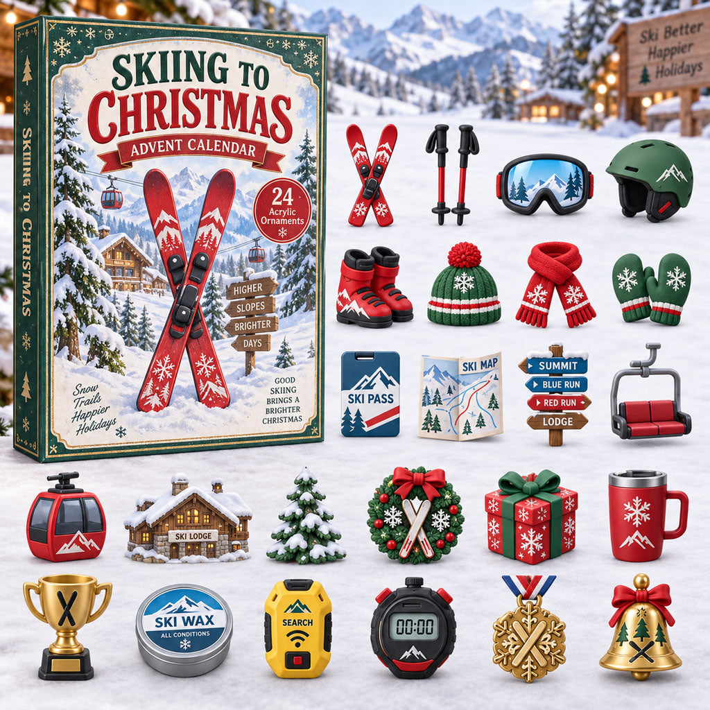Skiing to advent calendar box with 24 acrylic Christmas charms