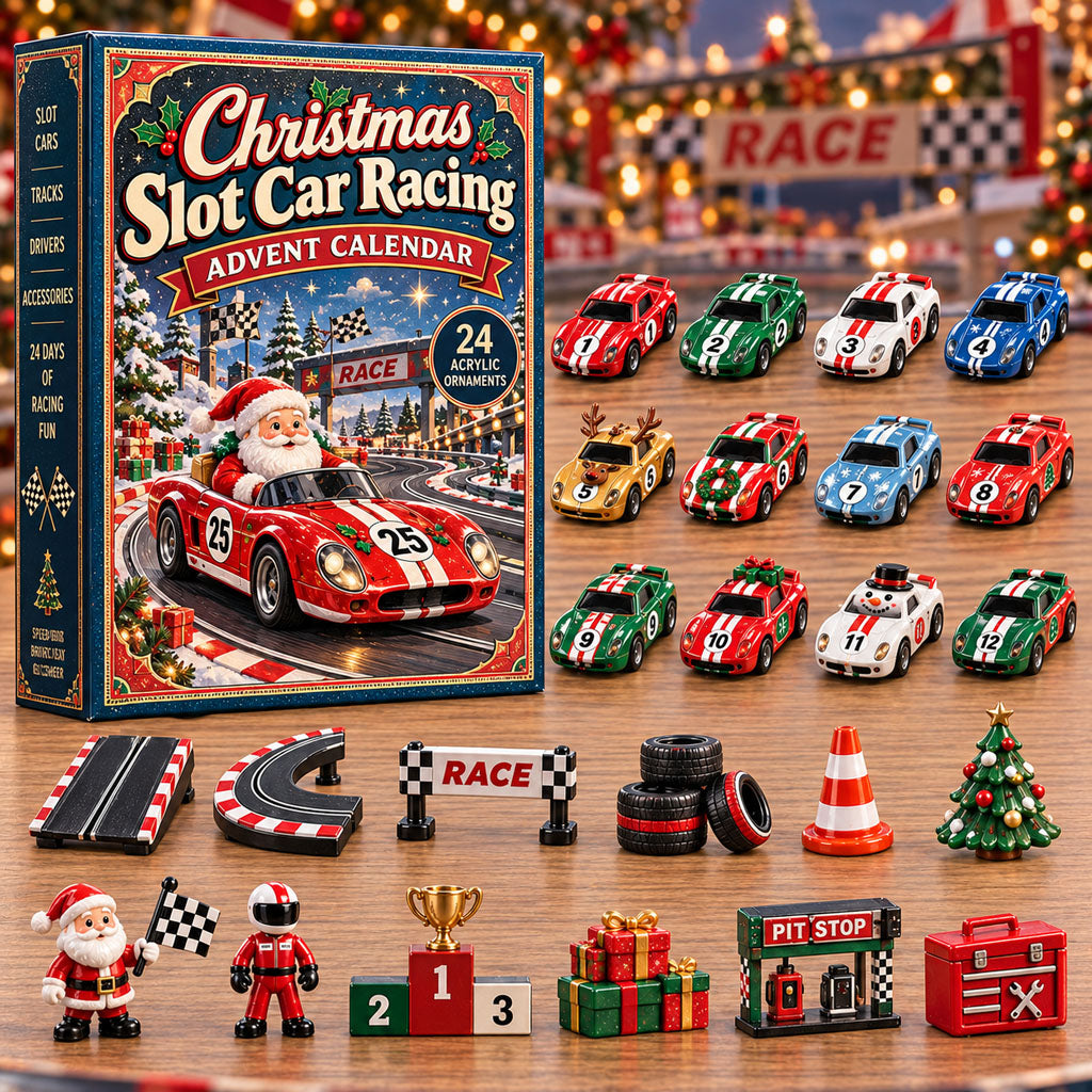Slot Car Racing advent calendar box with 24 acrylic Christmas charms