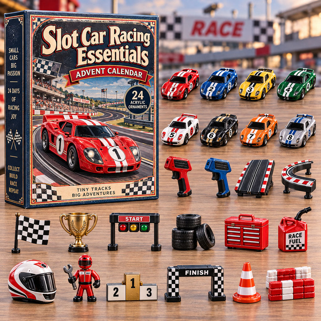 Slot Car Racing Essentials advent calendar box with 24 acrylic Christmas charms