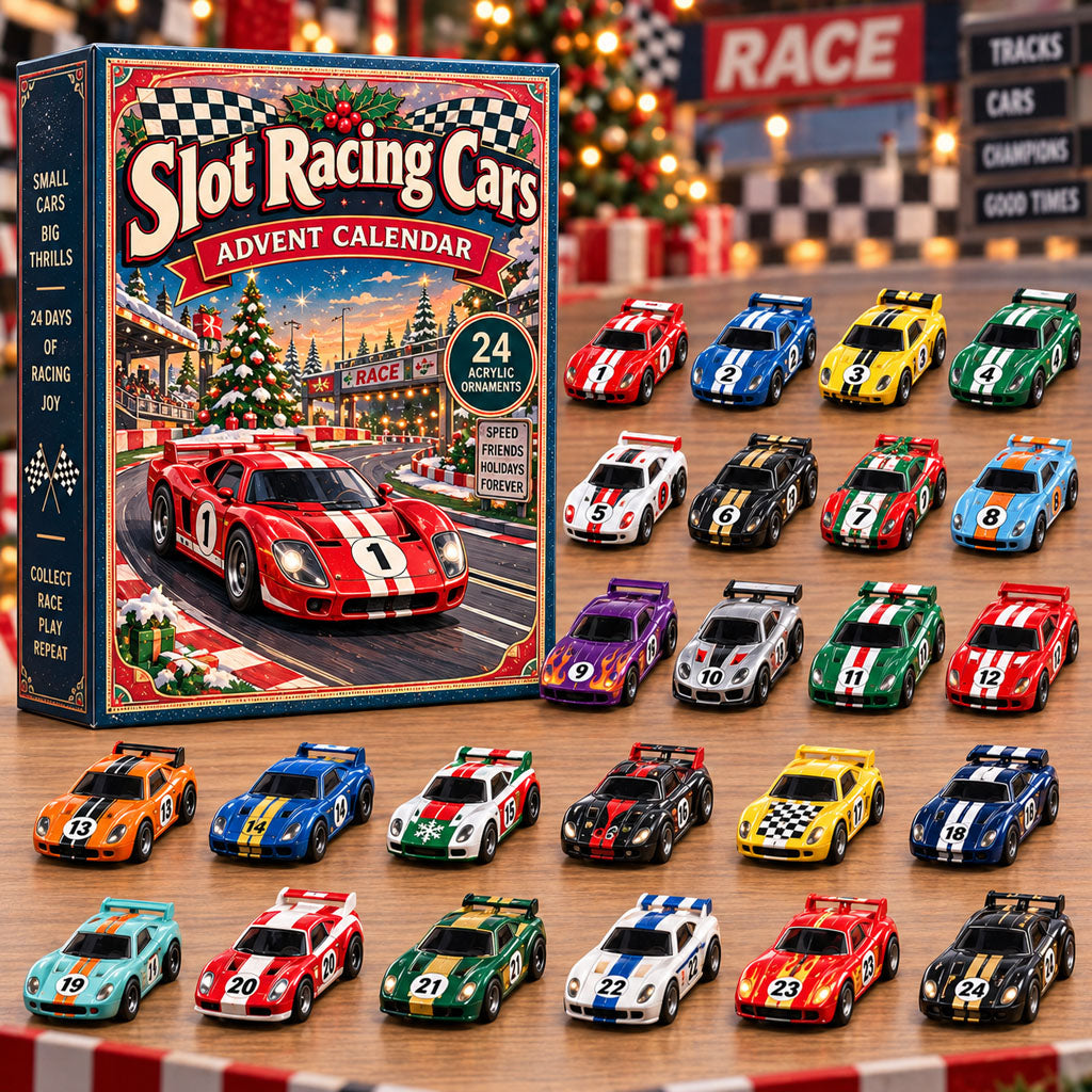 Slot Racing Cars advent calendar box with 24 acrylic Christmas charms