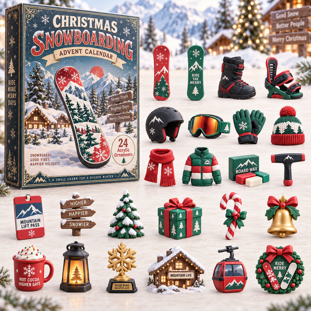 Snowboarding advent calendar box with 24 acrylic Christmas charms