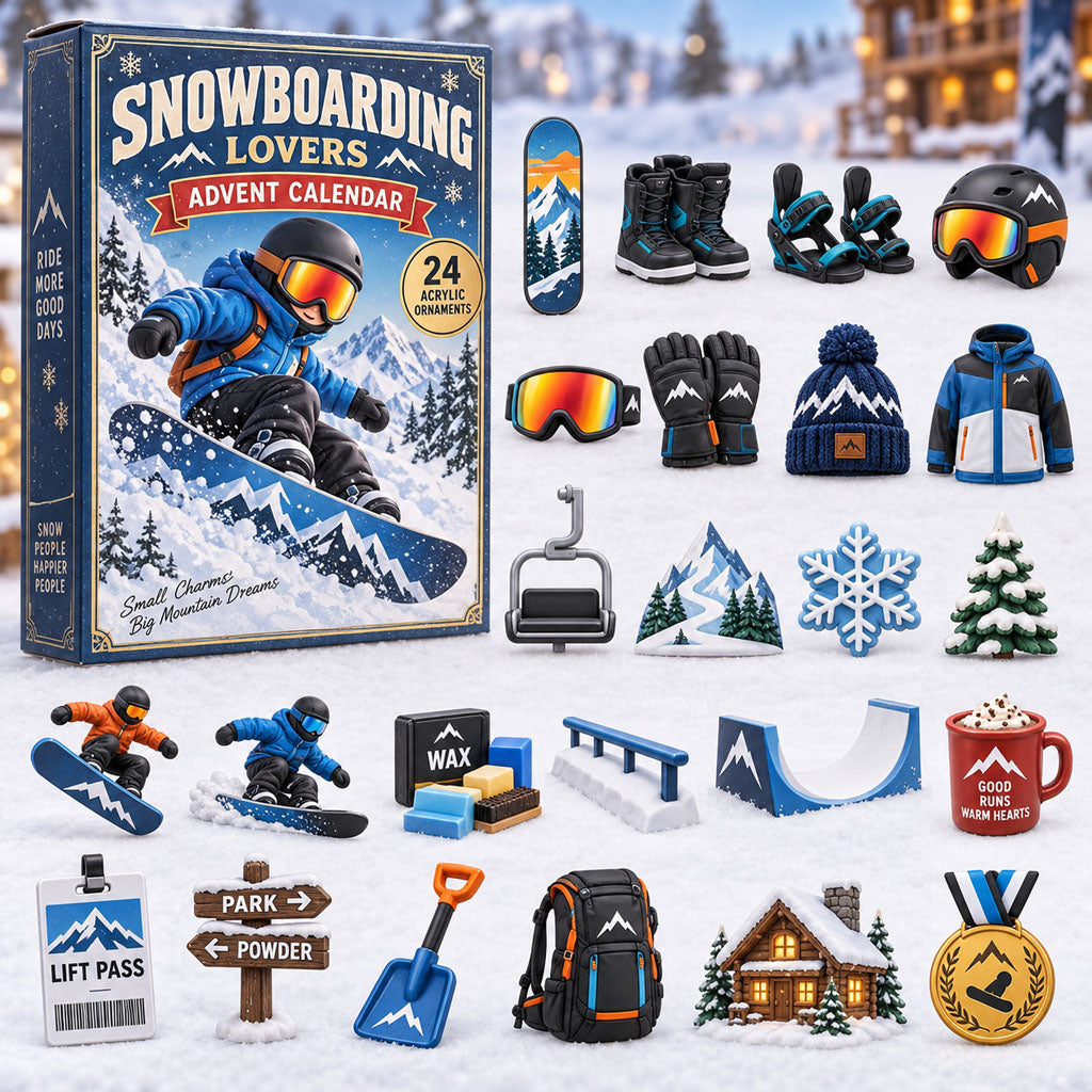 Snowboarding Lovers advent calendar box with 24 acrylic Christmas charms