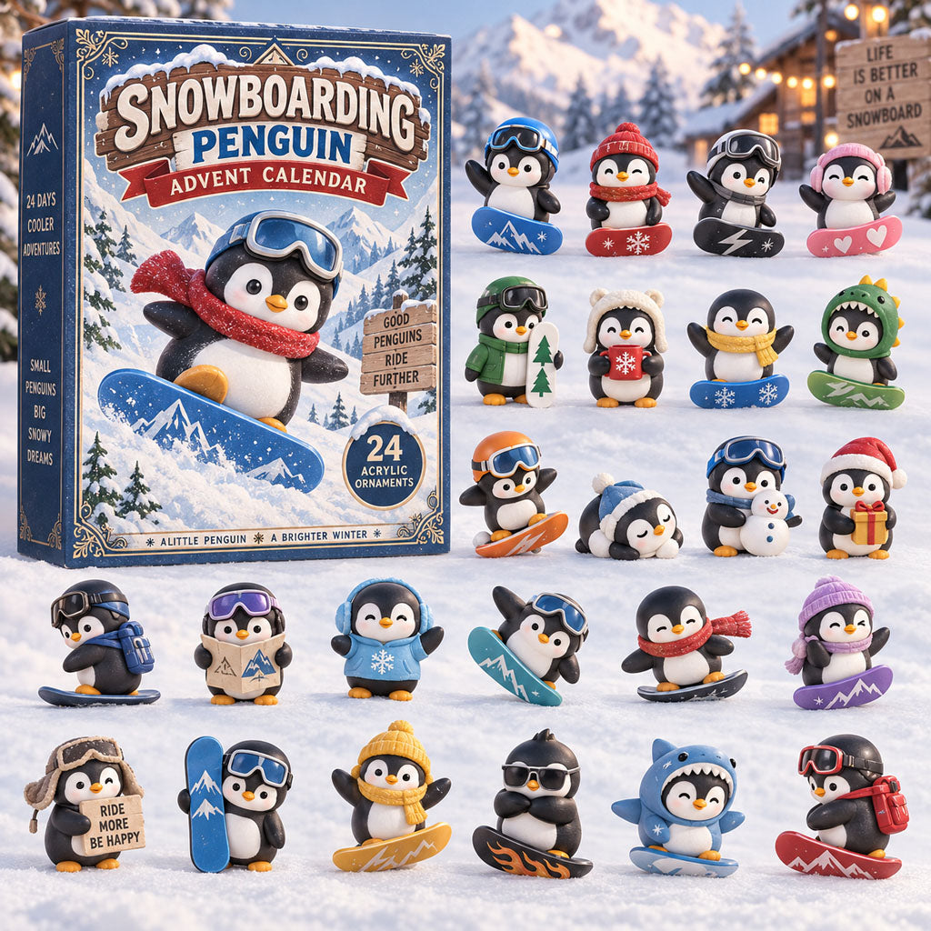Snowboarding Penguin advent calendar box with 24 acrylic Christmas charms