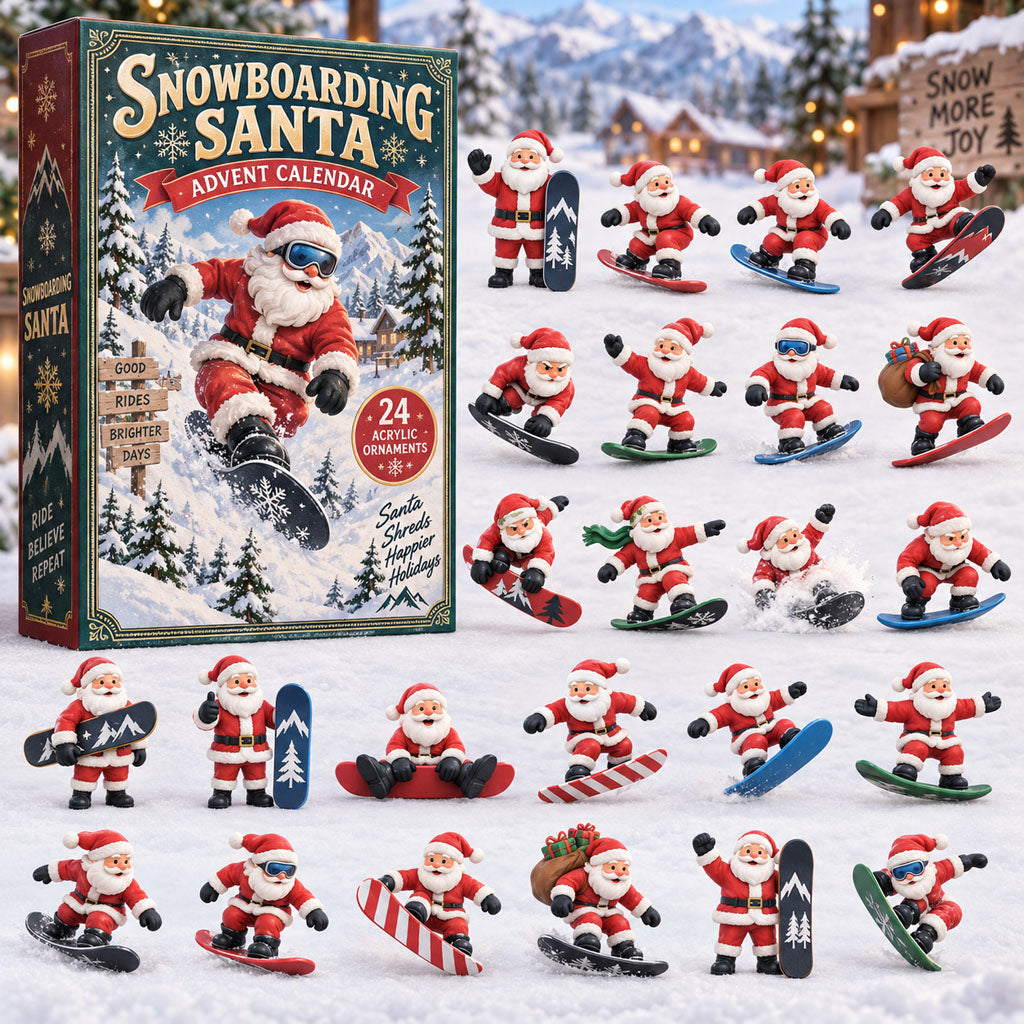 Snowboarding Santa advent calendar box with 24 acrylic Christmas charms
