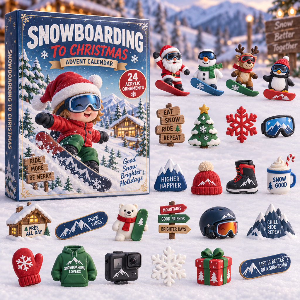 Snowboarding to advent calendar box with 24 acrylic Christmas charms