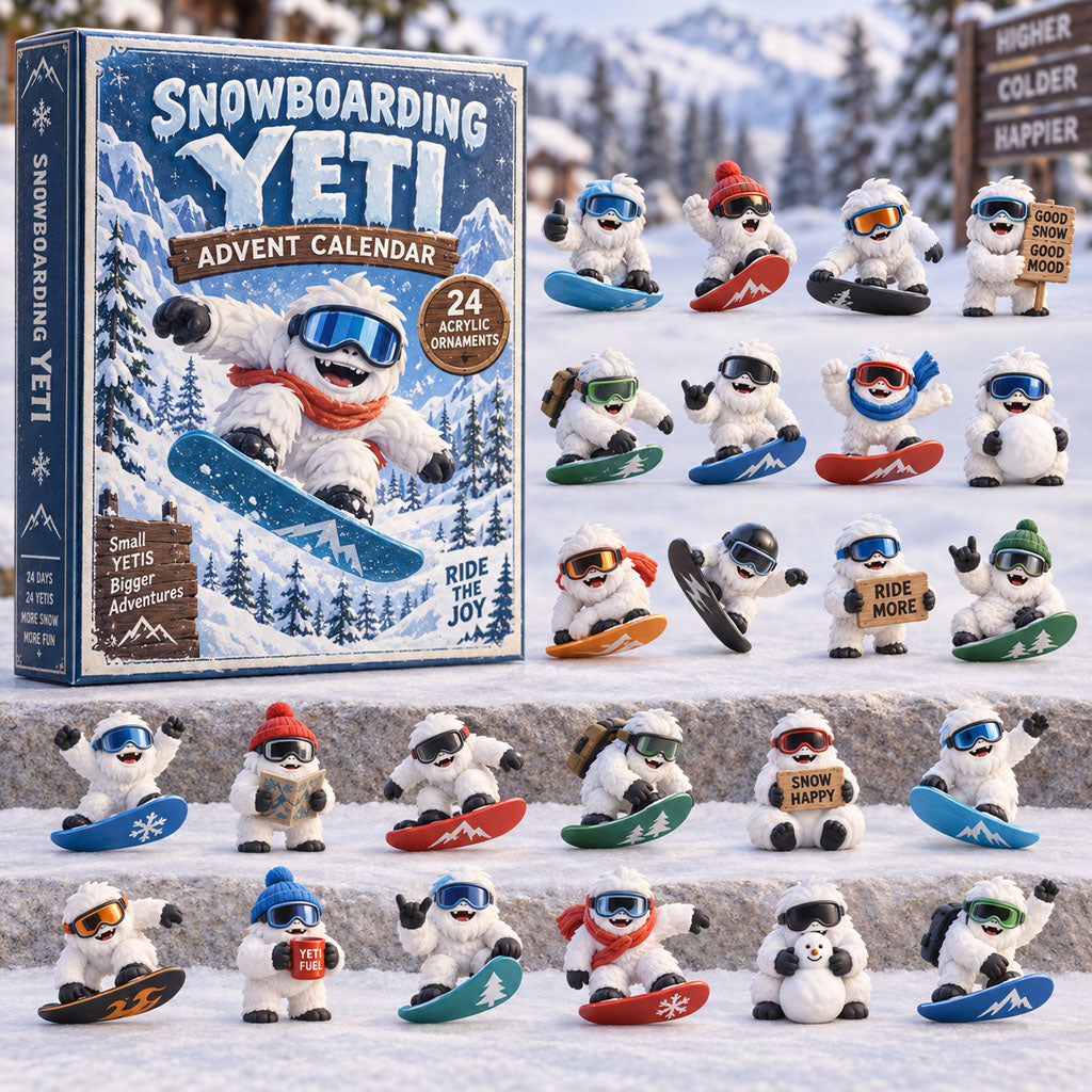 Snowboarding Yeti advent calendar box with 24 acrylic Christmas charms