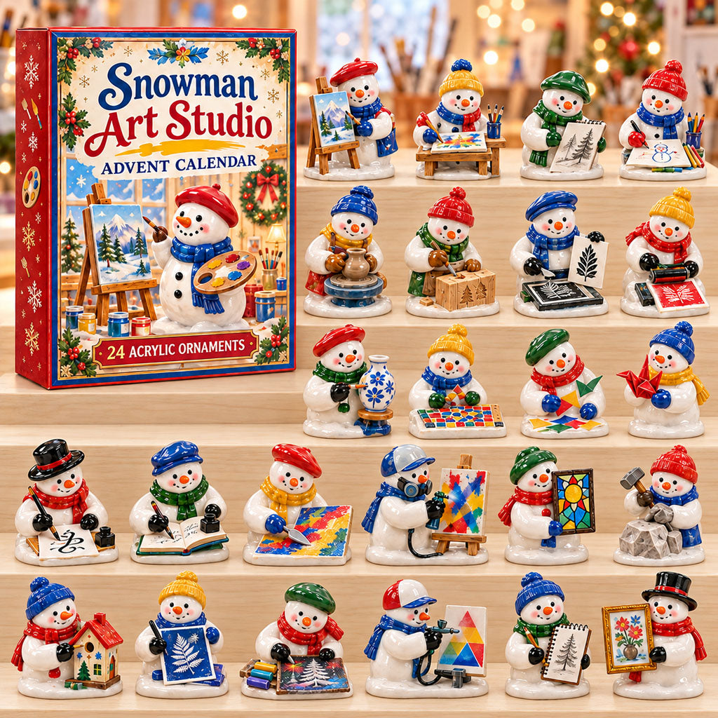 Snowman Art Studio advent calendar box with 24 acrylic Christmas charms