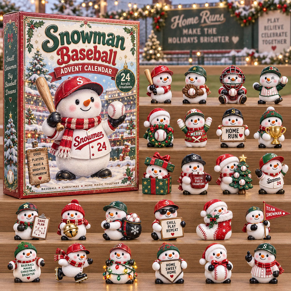 Snowman Baseball advent calendar box with 24 acrylic Christmas charms