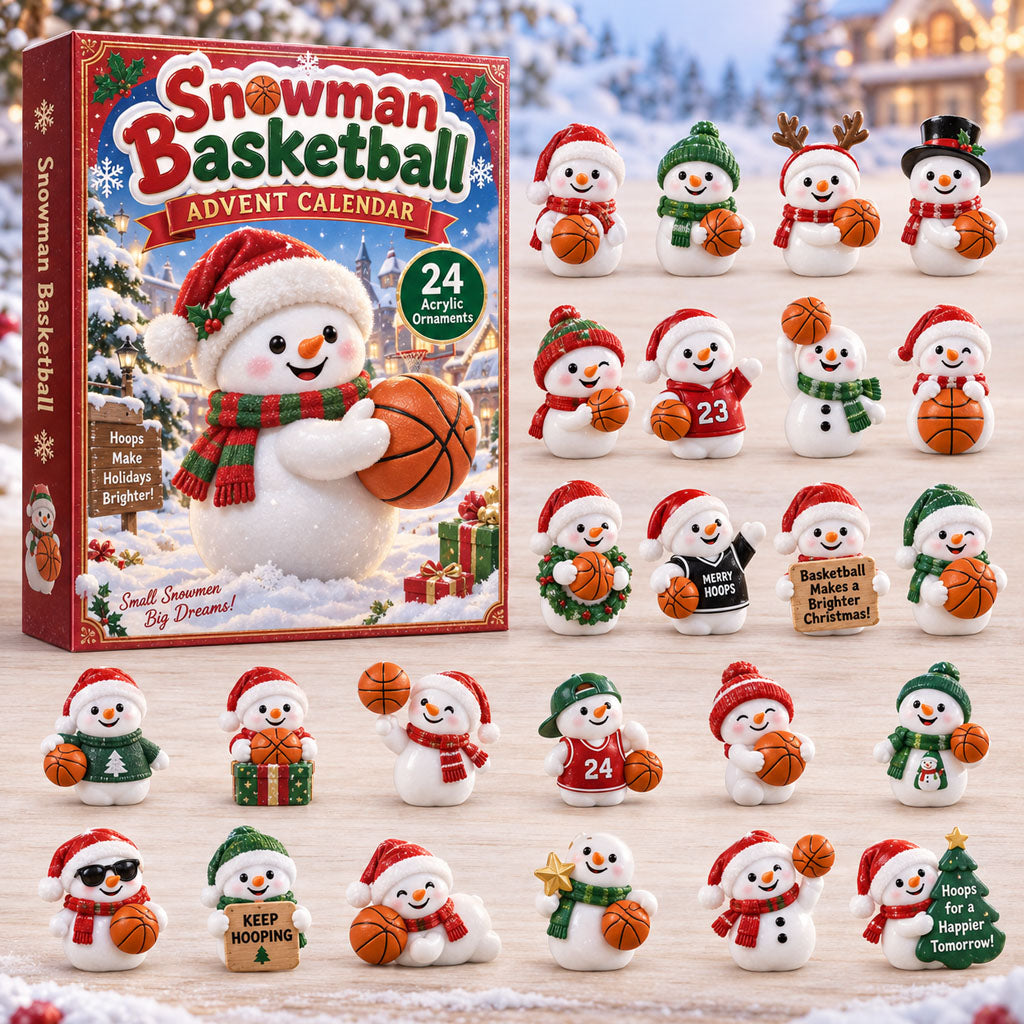 Snowman Basketball advent calendar box with 24 acrylic Christmas charms