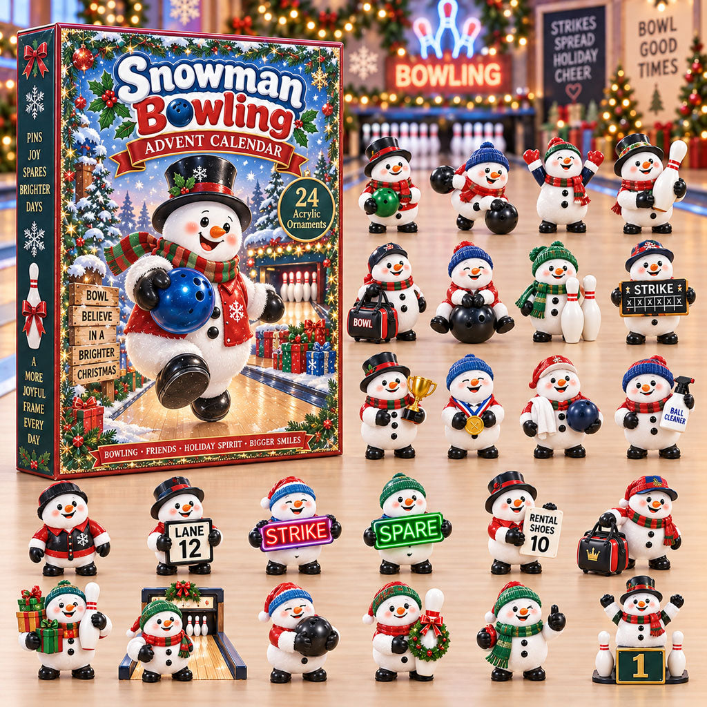 Snowman Bowling advent calendar box with 24 acrylic Christmas charms