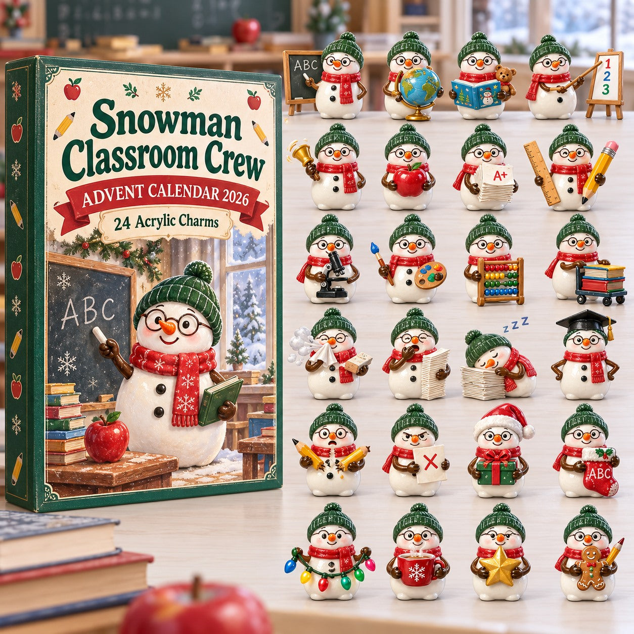 Snowman Classroom Crew advent calendar box with 24 acrylic Christmas charms