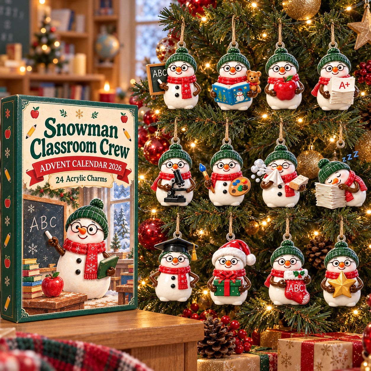 Snowman Classroom Crew advent calendar box with 24 acrylic Christmas charms: box and charm sizes
