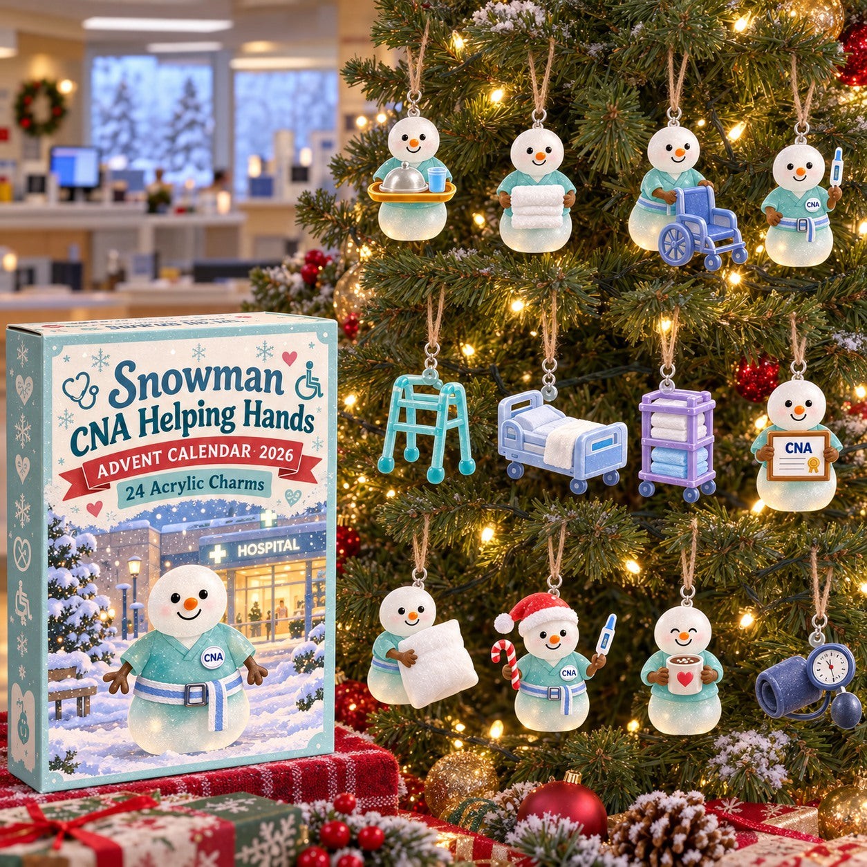 Snowman CNA Helping Hands advent calendar box with 24 acrylic Christmas charms: box and charm sizes