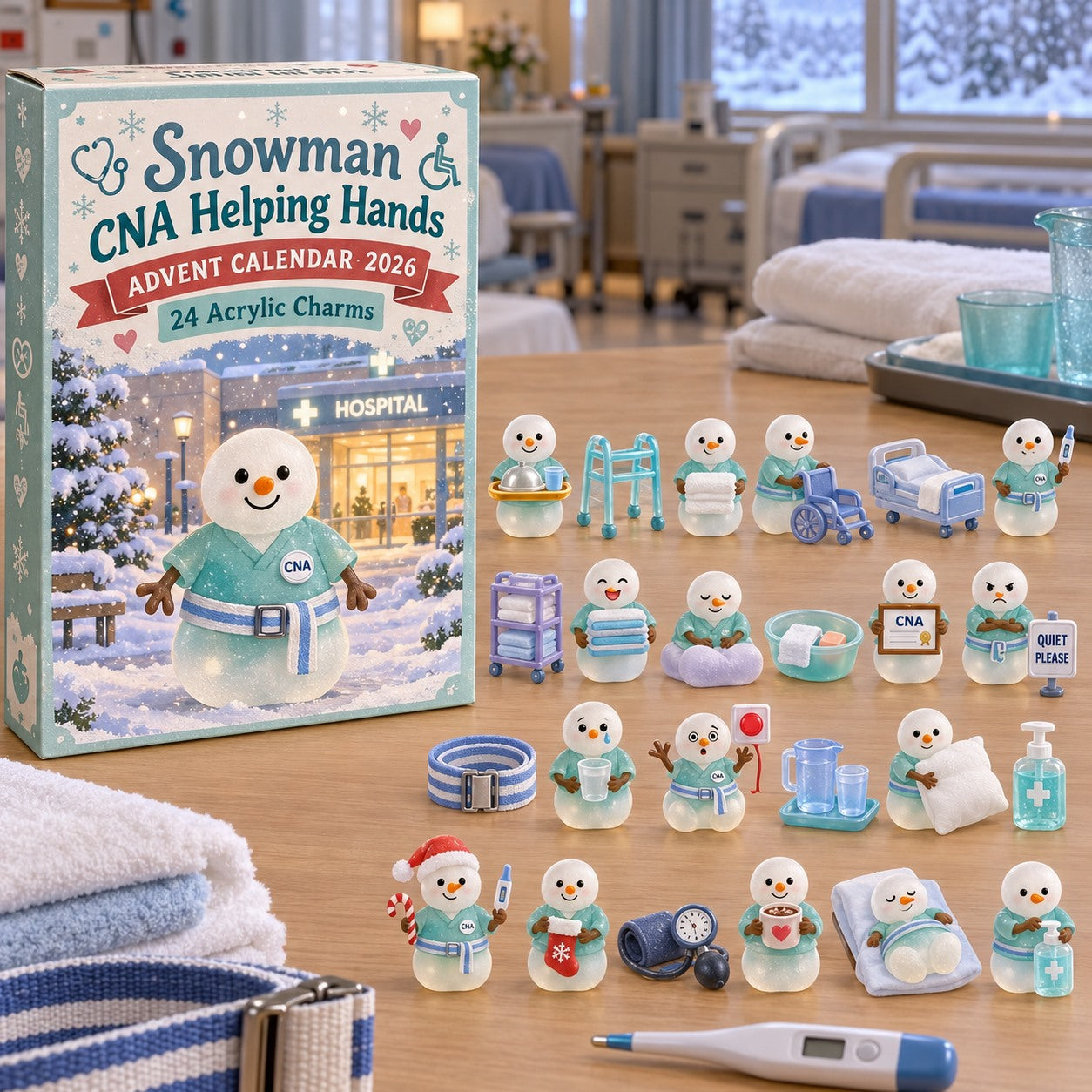 Snowman CNA Helping Hands advent calendar box with 24 acrylic Christmas charms