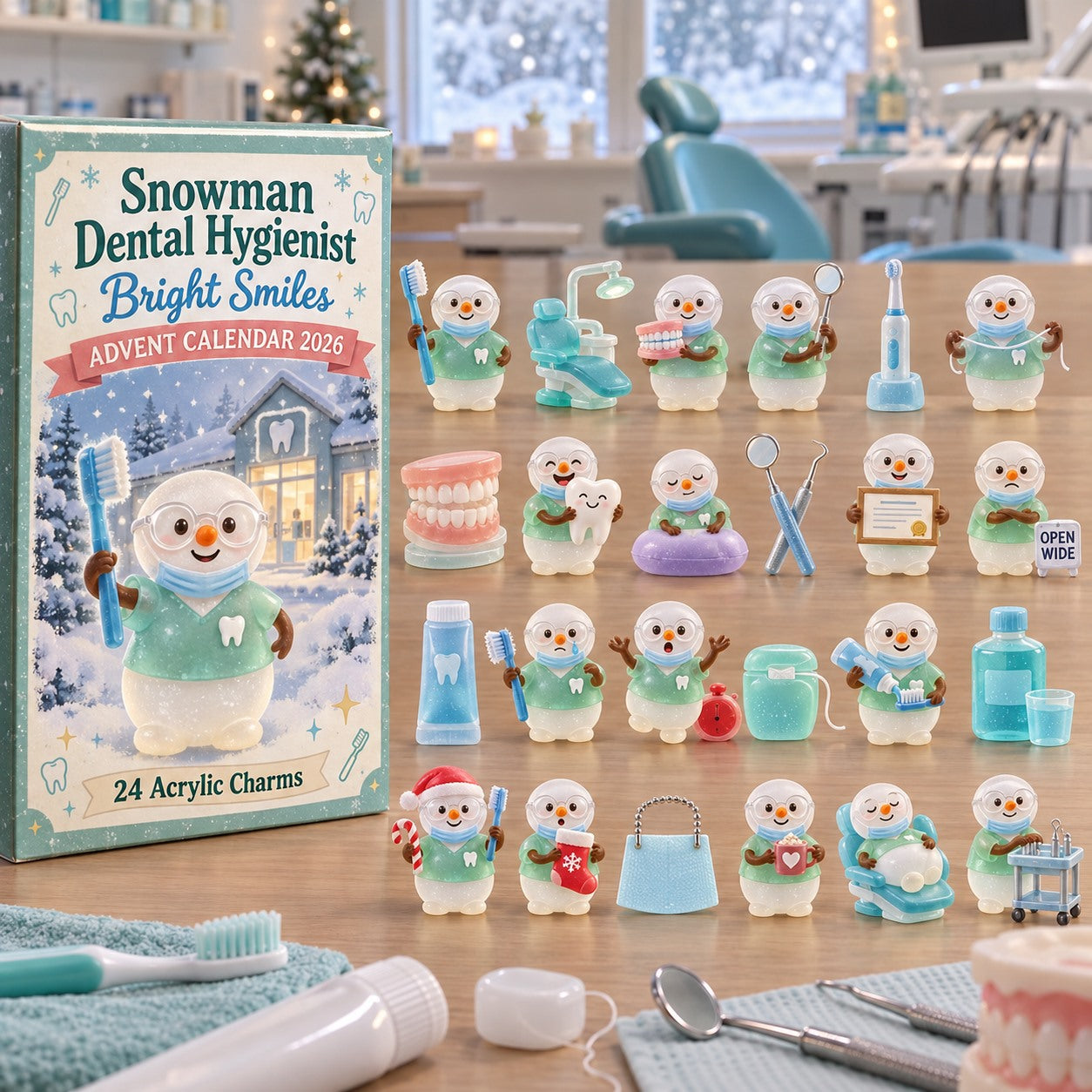 Snowman Dental Hygienist Bright Smiles advent calendar box with 24 acrylic Christmas charms