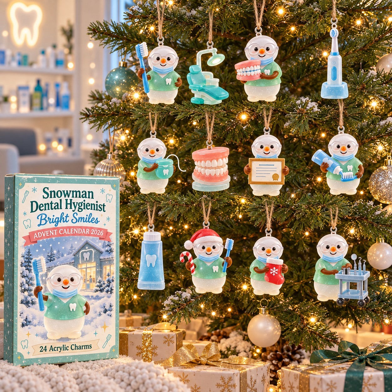 Snowman Dental Hygienist Bright Smiles advent calendar box with 24 acrylic Christmas charms: box and charm sizes