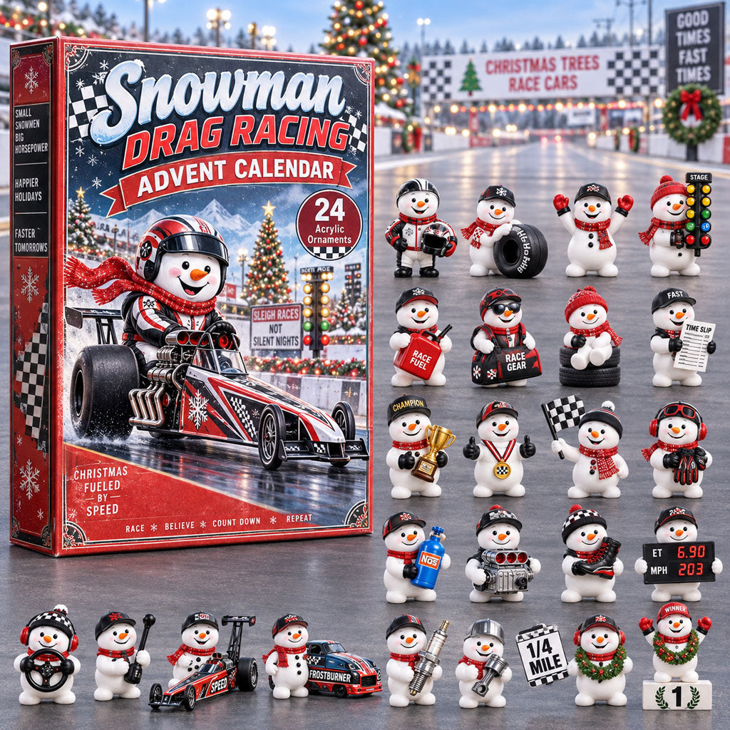 Snowman Drag Racing advent calendar box with 24 acrylic Christmas charms