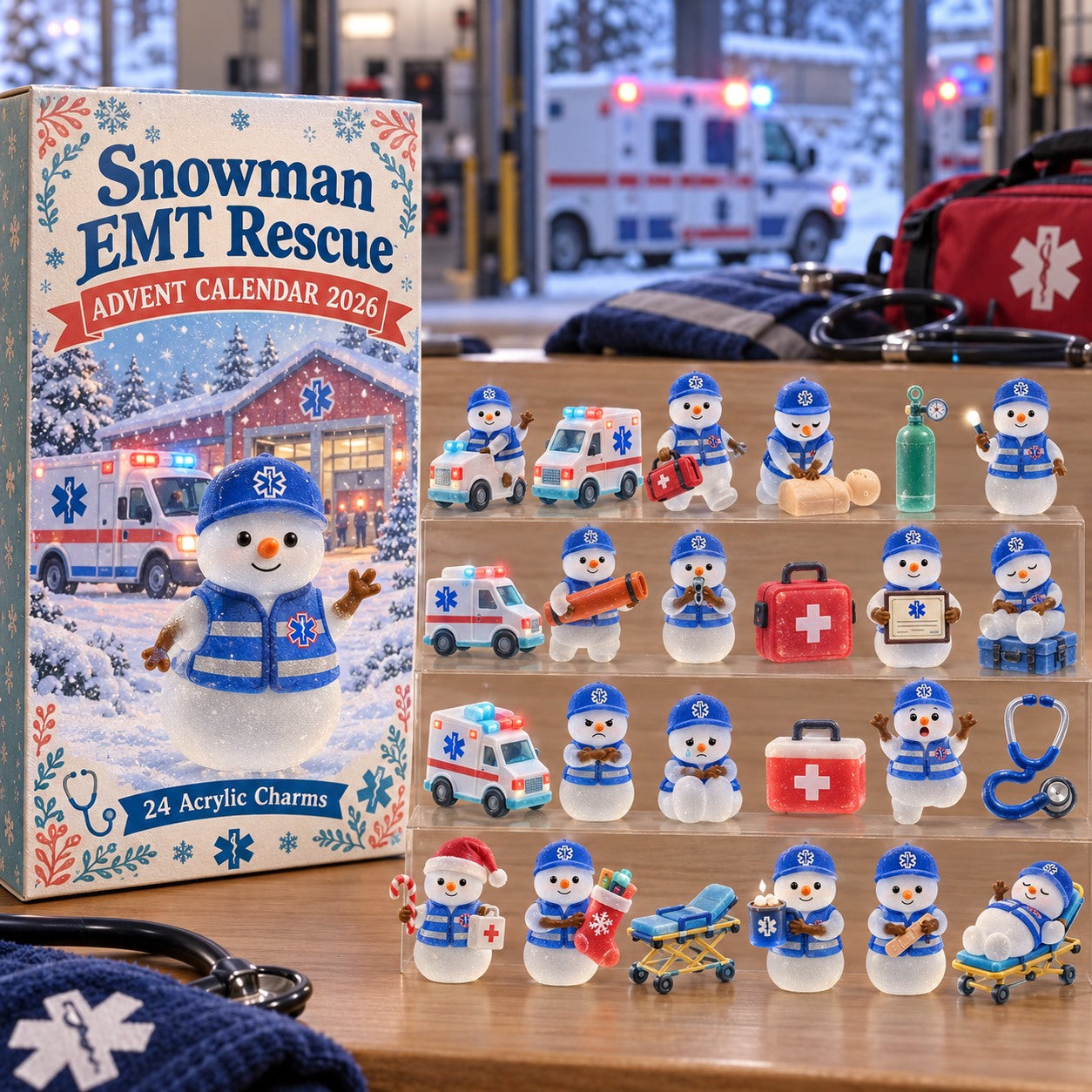 Snowman EMT Rescue 2 advent calendar box with 24 acrylic Christmas charms