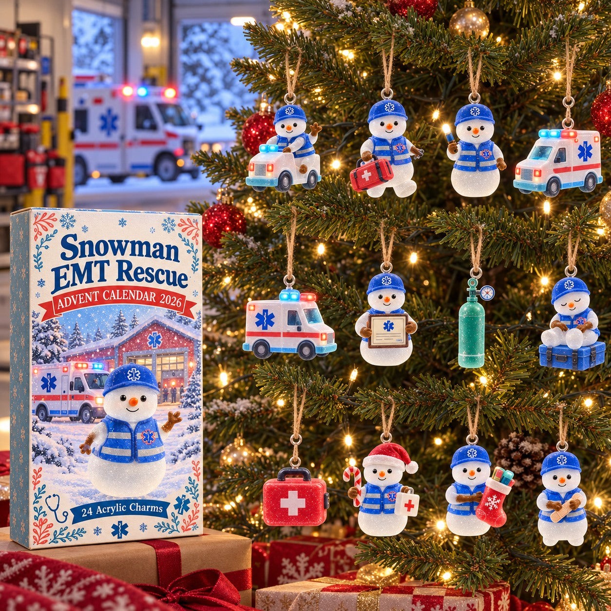 Snowman EMT Rescue 2 advent calendar box with 24 acrylic Christmas charms: box and charm sizes